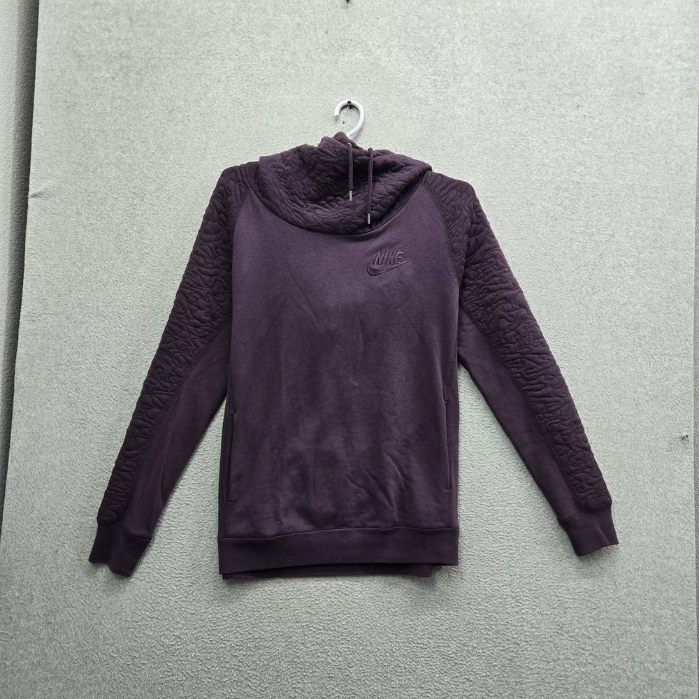Nike Women Hoodie M Purple Embroidered Fleece Funnel Textured Pullover